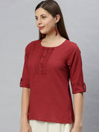 Janasya Women's Maroon Cotton Slub Solid Regular Top | Grocsy