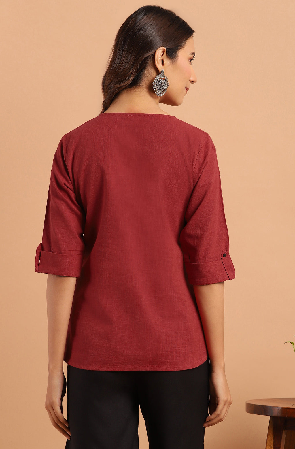 Janasya Women's Maroon Cotton Slub Solid Regular Top | Grocsy