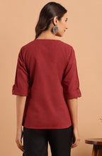 Janasya Women's Maroon Cotton Slub Solid Regular Top | Grocsy