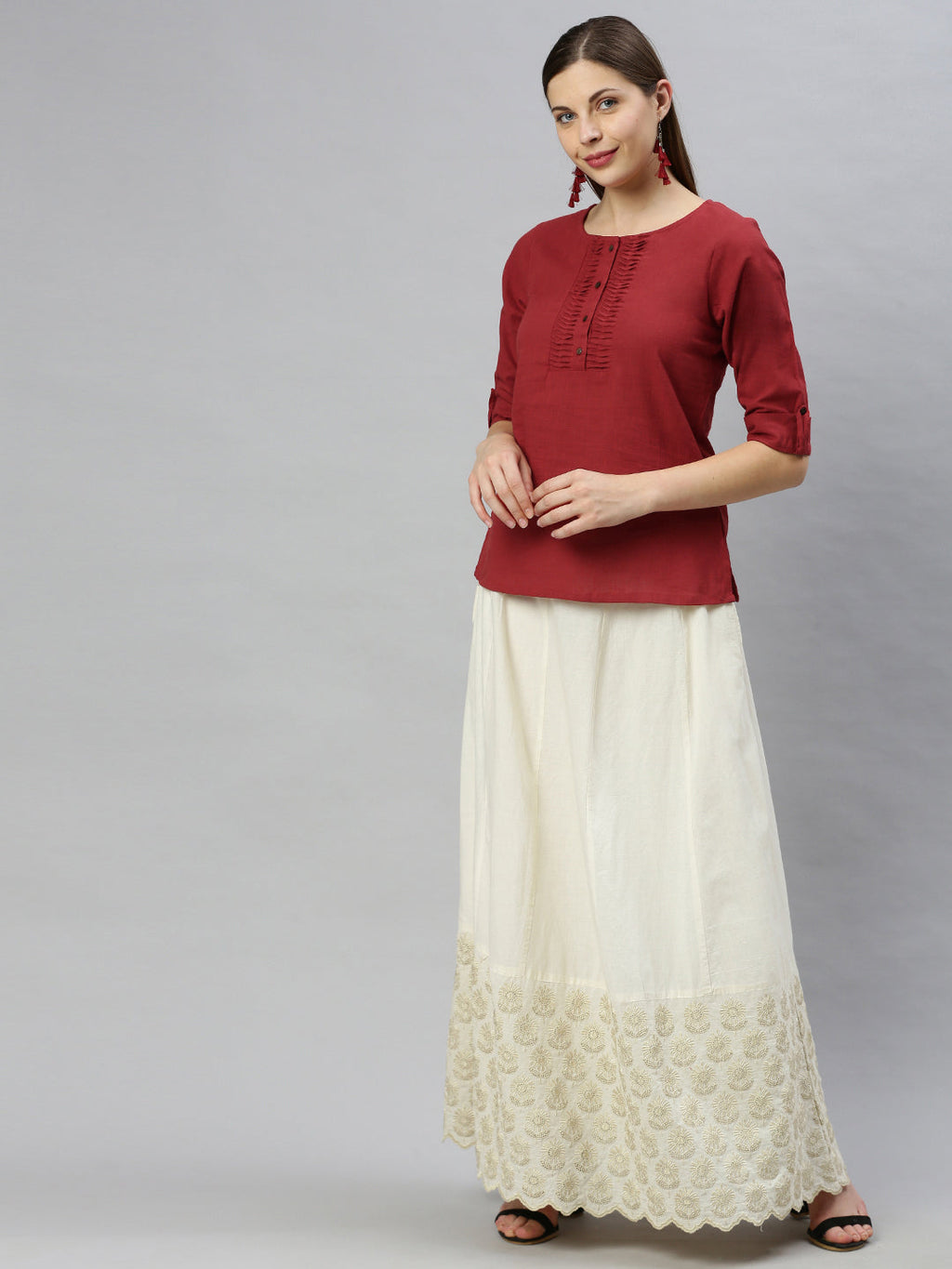 Janasya Women's Maroon Cotton Slub Solid Regular Top | Grocsy