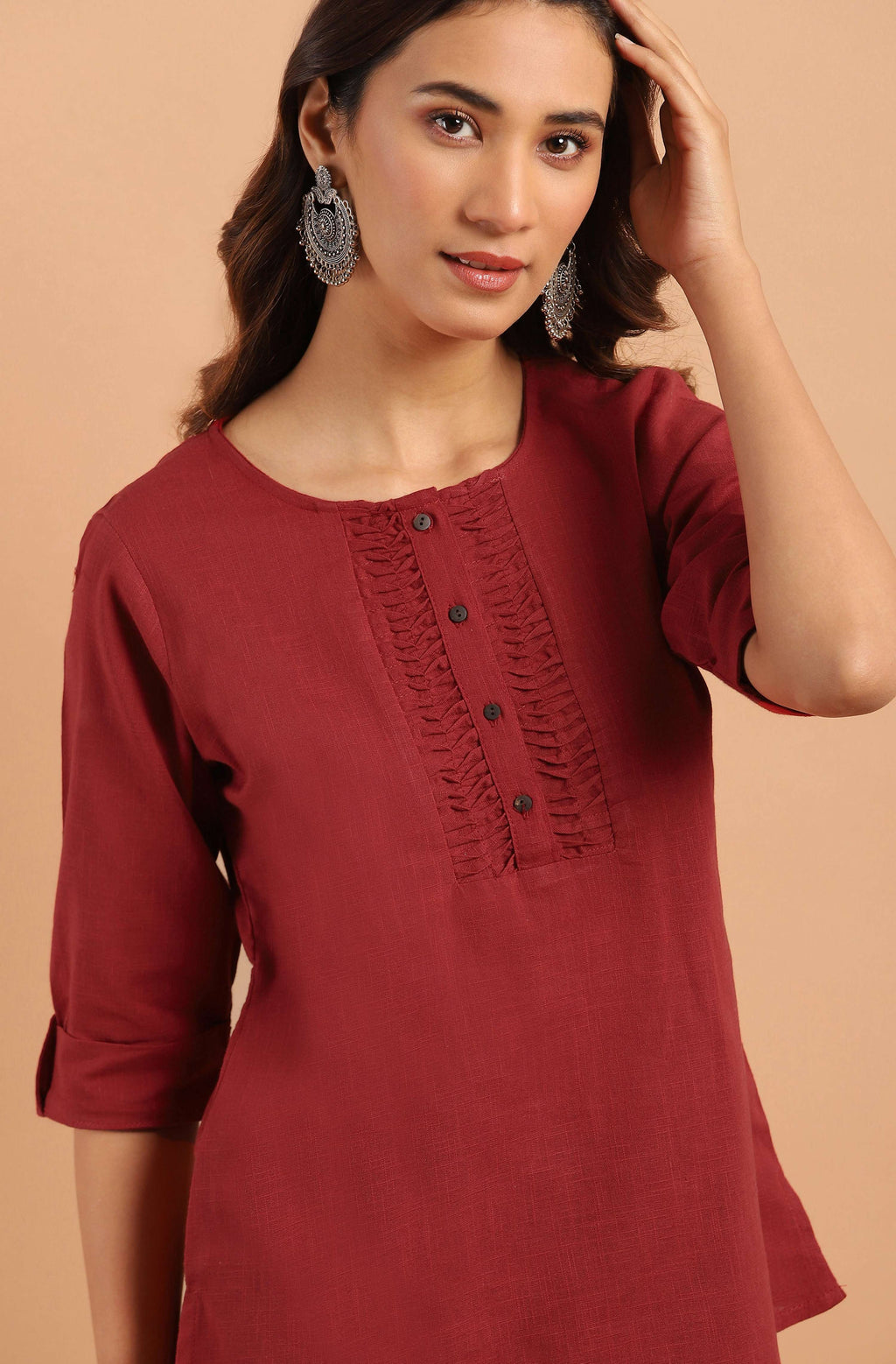 Janasya Women's Maroon Cotton Slub Solid Regular Top | Grocsy