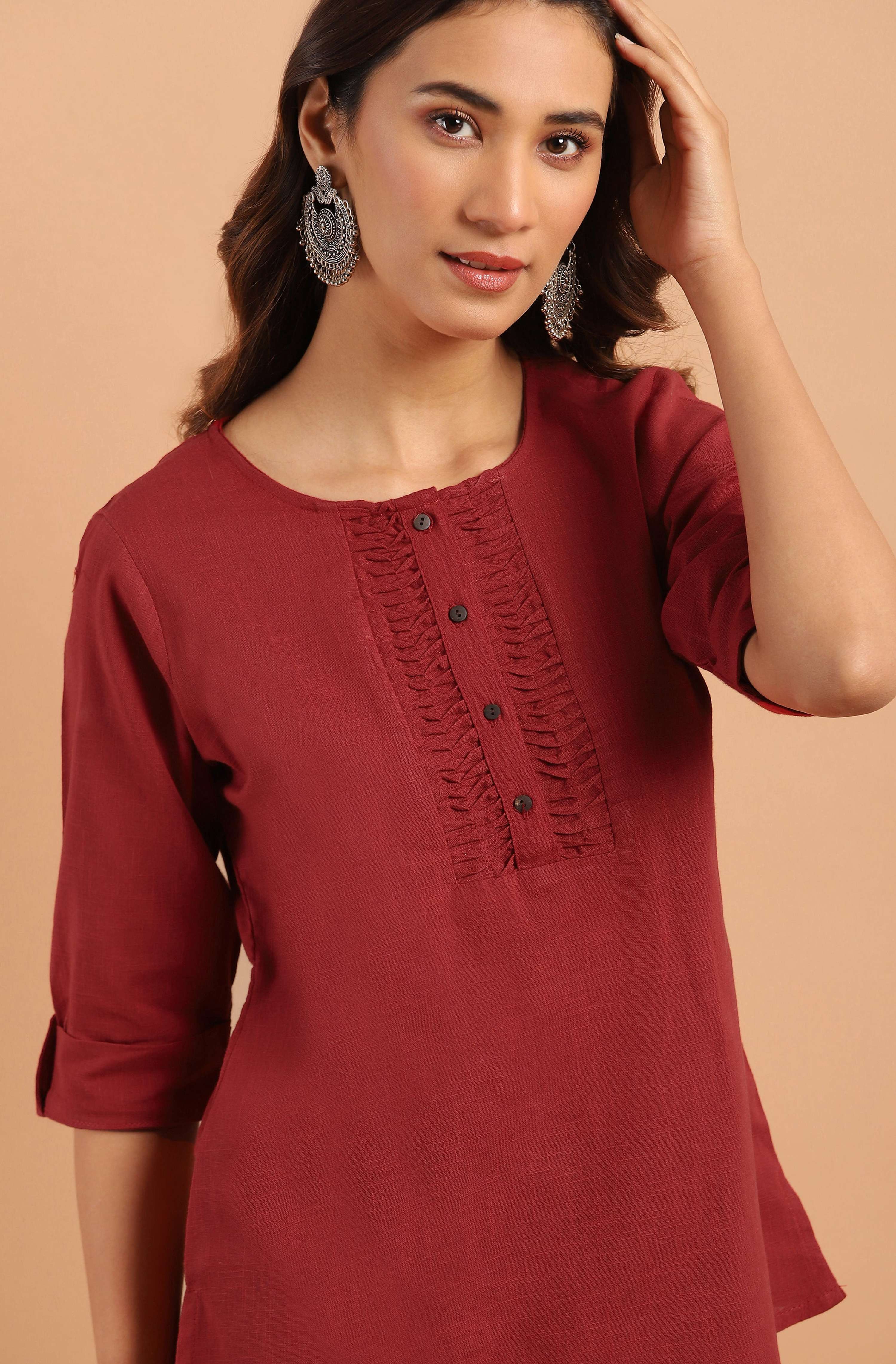 Janasya Women's Maroon Cotton Slub Solid Regular Top | Grocsy
