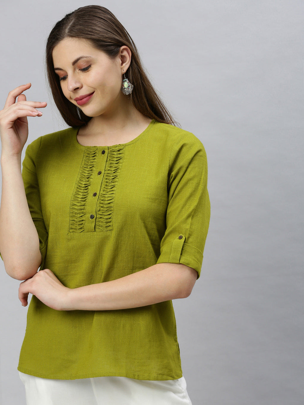 Janasya Women's Green Cotton Slub Solid Regular Top | Grocsy