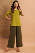 Janasya Women's Green Cotton Slub Solid Regular Top | Grocsy