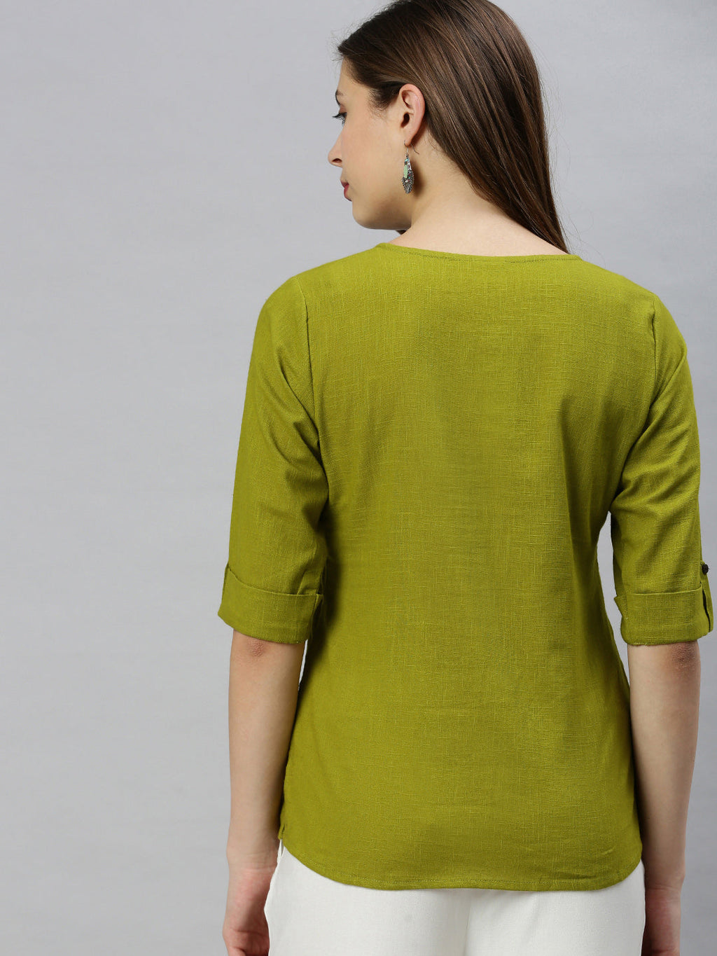 Janasya Women's Green Cotton Slub Solid Regular Top | Grocsy