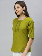 Janasya Women's Green Cotton Slub Solid Regular Top | Grocsy
