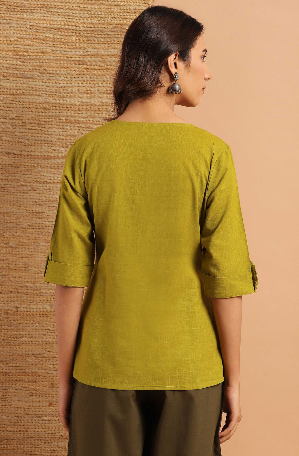 Janasya Women's Green Cotton Slub Solid Regular Top | Grocsy