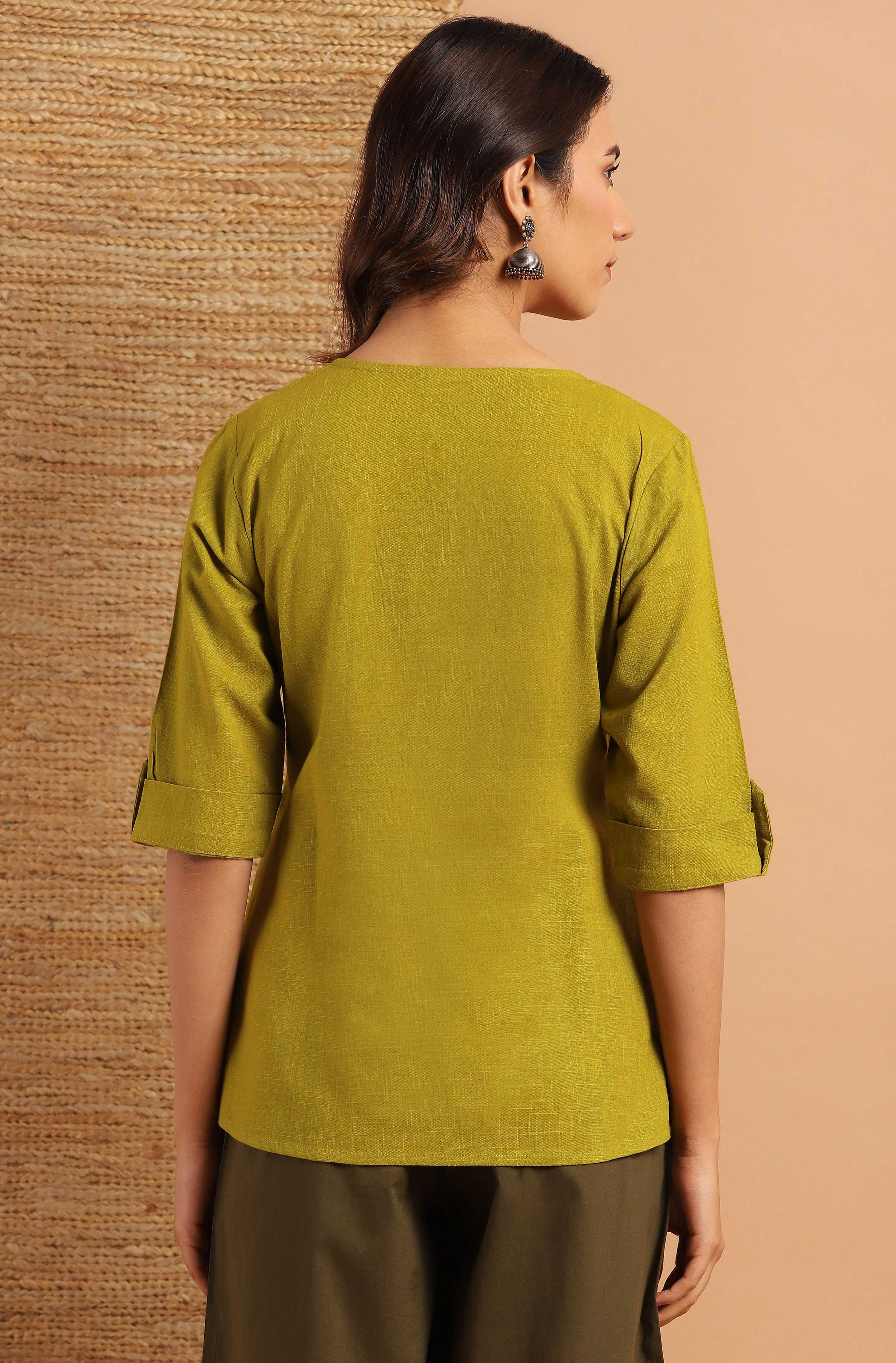 Janasya Women's Green Cotton Slub Solid Regular Top | Grocsy