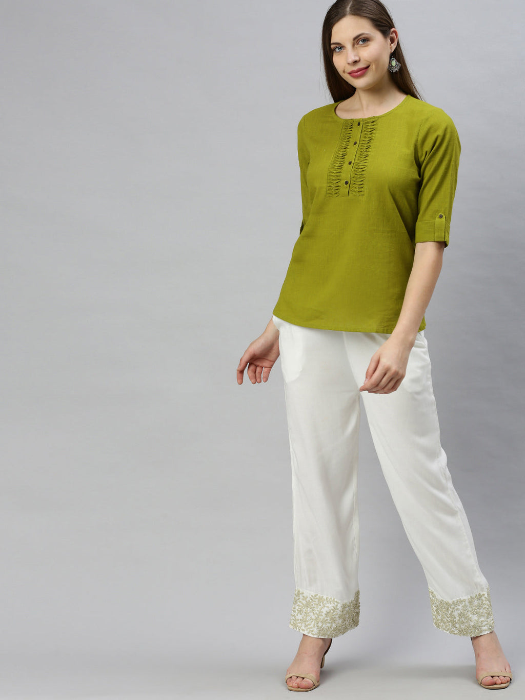 Janasya Women's Green Cotton Slub Solid Regular Top | Grocsy