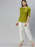 Janasya Women's Green Cotton Slub Solid Regular Top | Grocsy