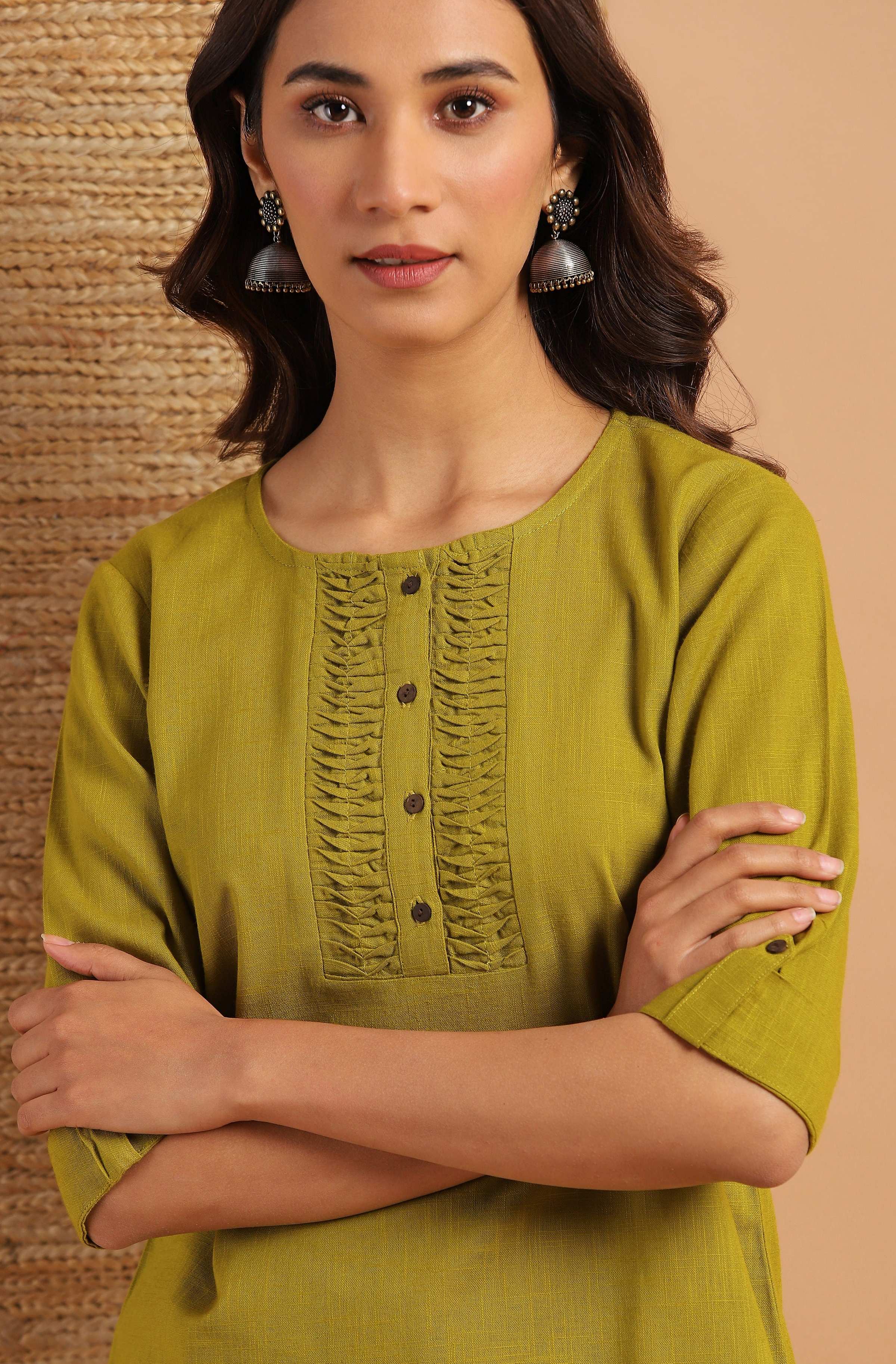 Janasya Women's Green Cotton Slub Solid Regular Top | Grocsy