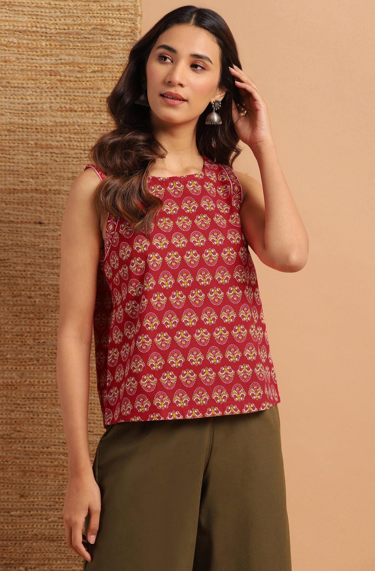 Janasya Women's Red Cotton Floral Print Regular Top | Grocsy