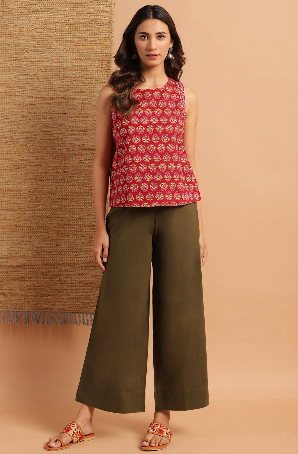 Janasya Women's Red Cotton Floral Print Regular Top | Grocsy
