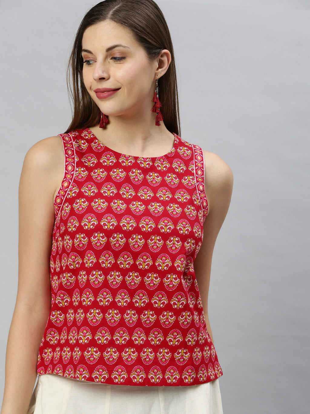 Janasya Women's Red Cotton Floral Print Regular Top | Grocsy