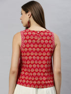 Janasya Women's Red Cotton Floral Print Regular Top | Grocsy