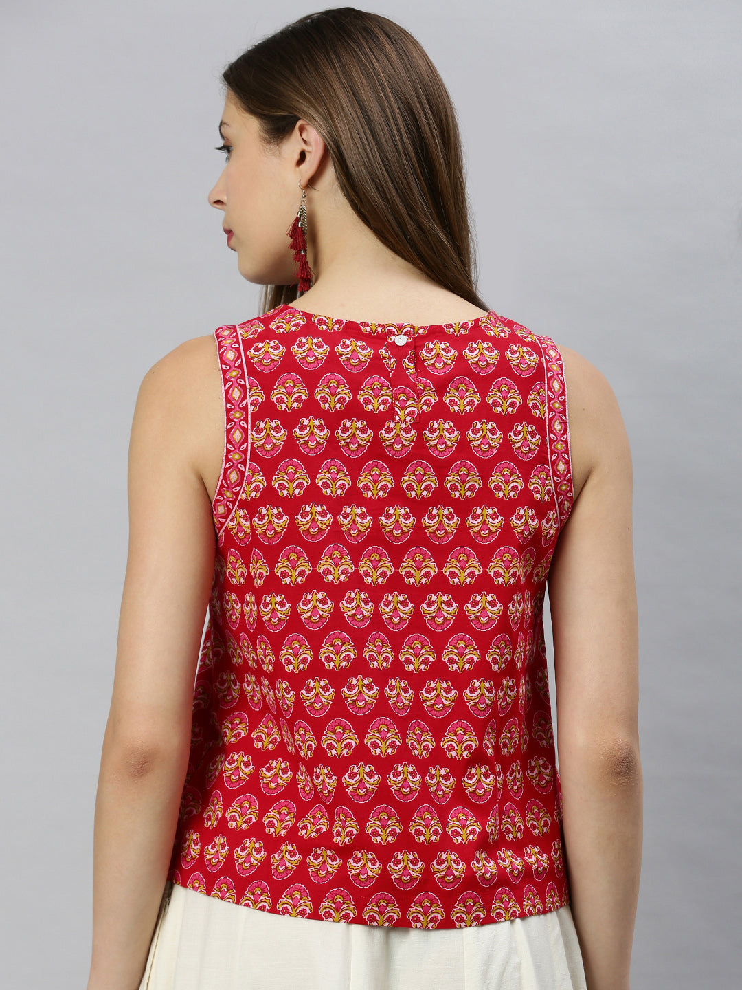Janasya Women's Red Cotton Floral Print Regular Top | Grocsy
