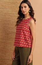 Janasya Women's Red Cotton Floral Print Regular Top | Grocsy