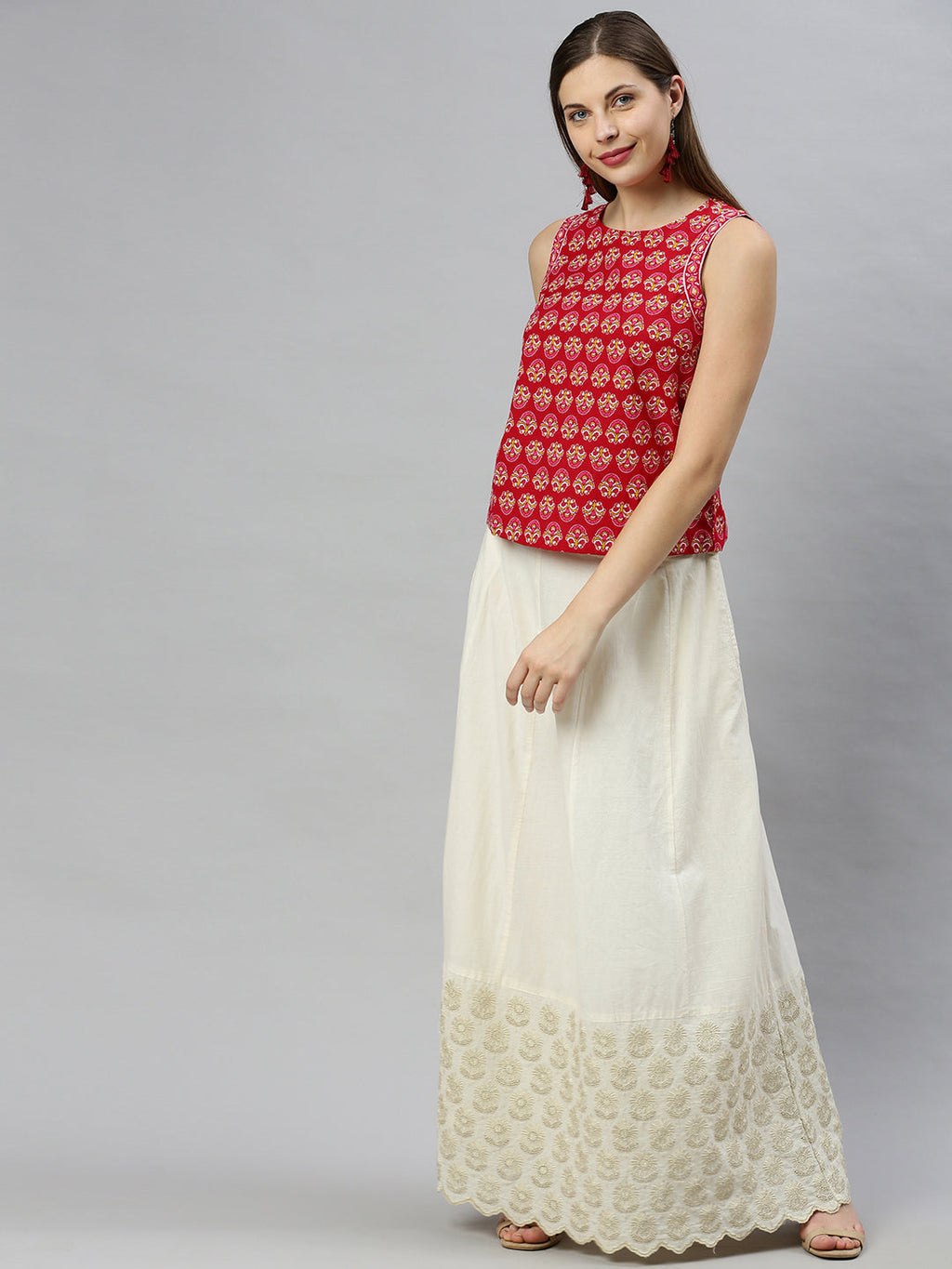 Janasya Women's Red Cotton Floral Print Regular Top | Grocsy