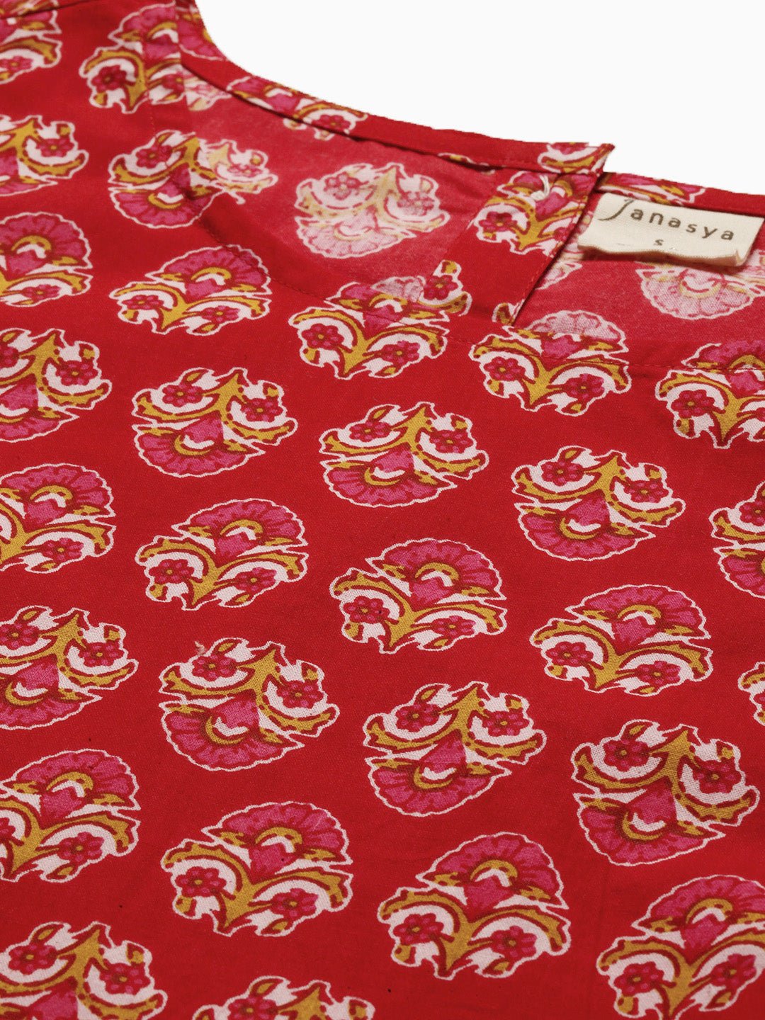 Janasya Women's Red Cotton Floral Print Regular Top | Grocsy