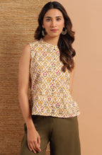 Janasya Women's Cream Cotton Floral Print Designer Back Top | Grocsy