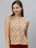 Janasya Women's Cream Cotton Floral Print Designer Back Top | Grocsy