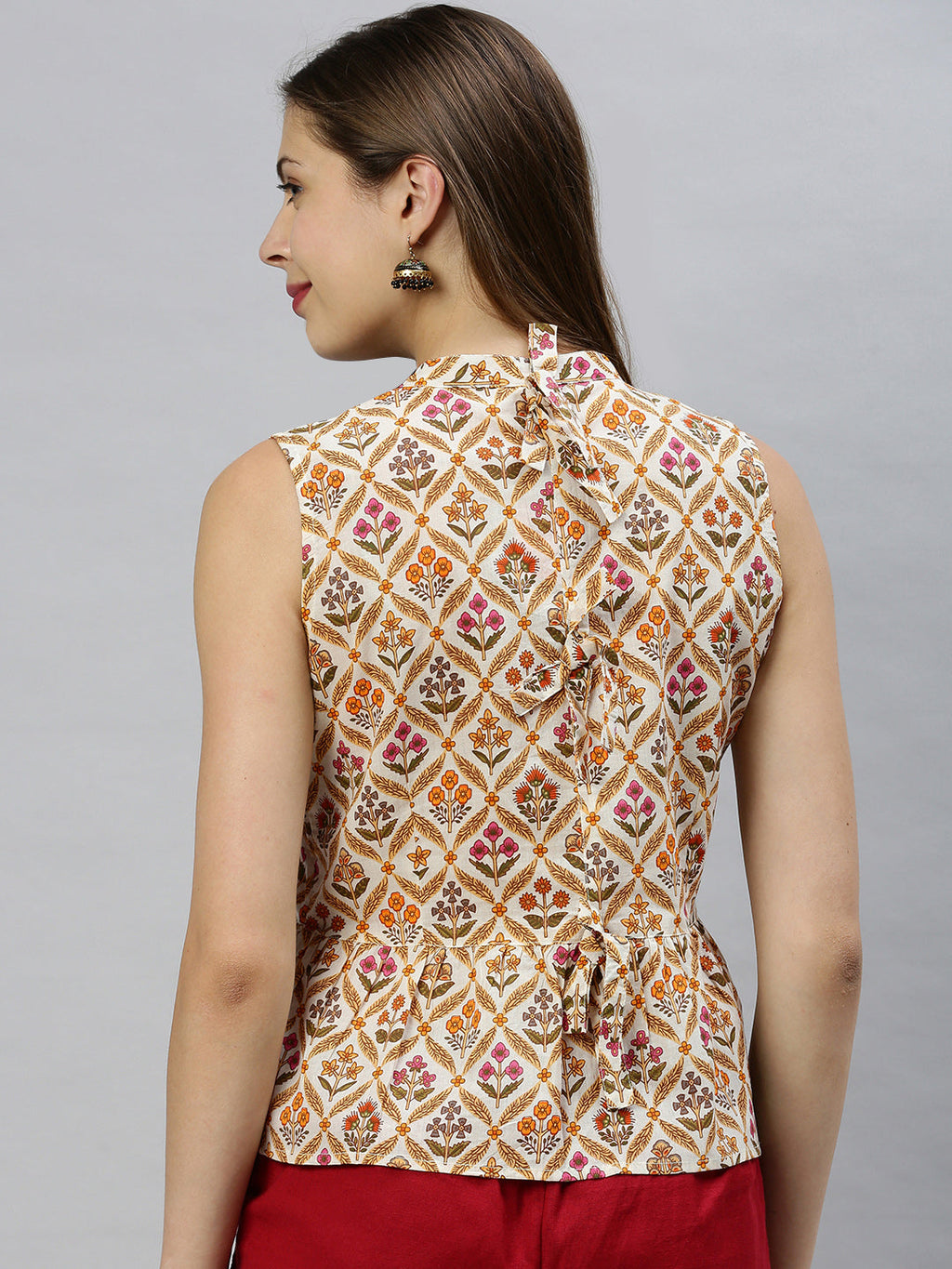 Janasya Women's Cream Cotton Floral Print Designer Back Top | Grocsy
