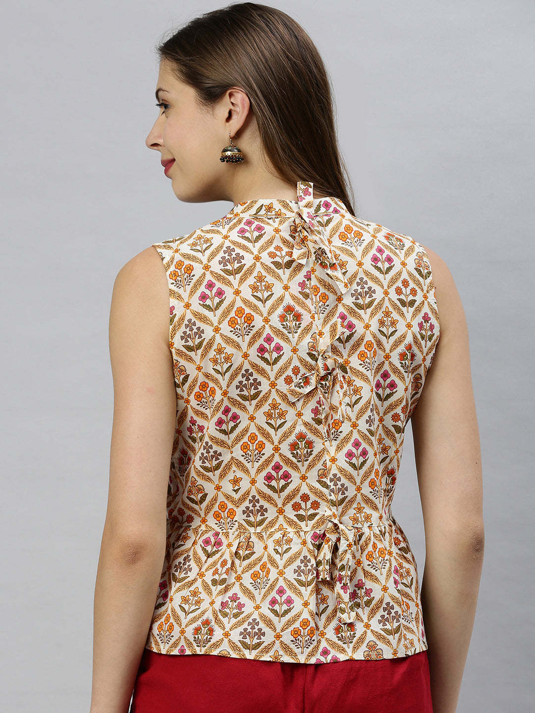 Janasya Women's Cream Cotton Floral Print Designer Back Top | Grocsy