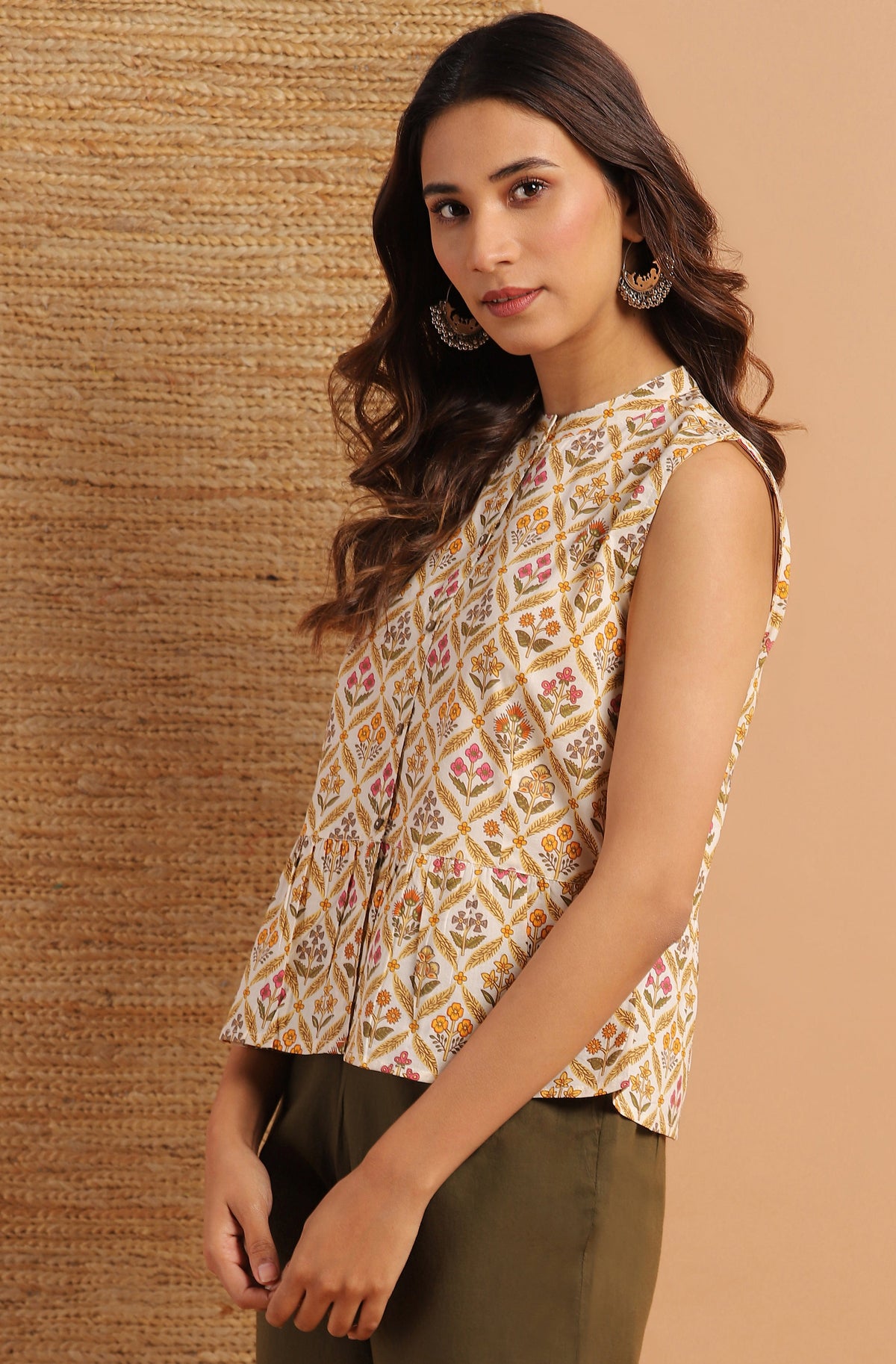 Janasya Women's Cream Cotton Floral Print Designer Back Top | Grocsy