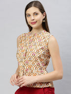 Janasya Women's Cream Cotton Floral Print Designer Back Top | Grocsy
