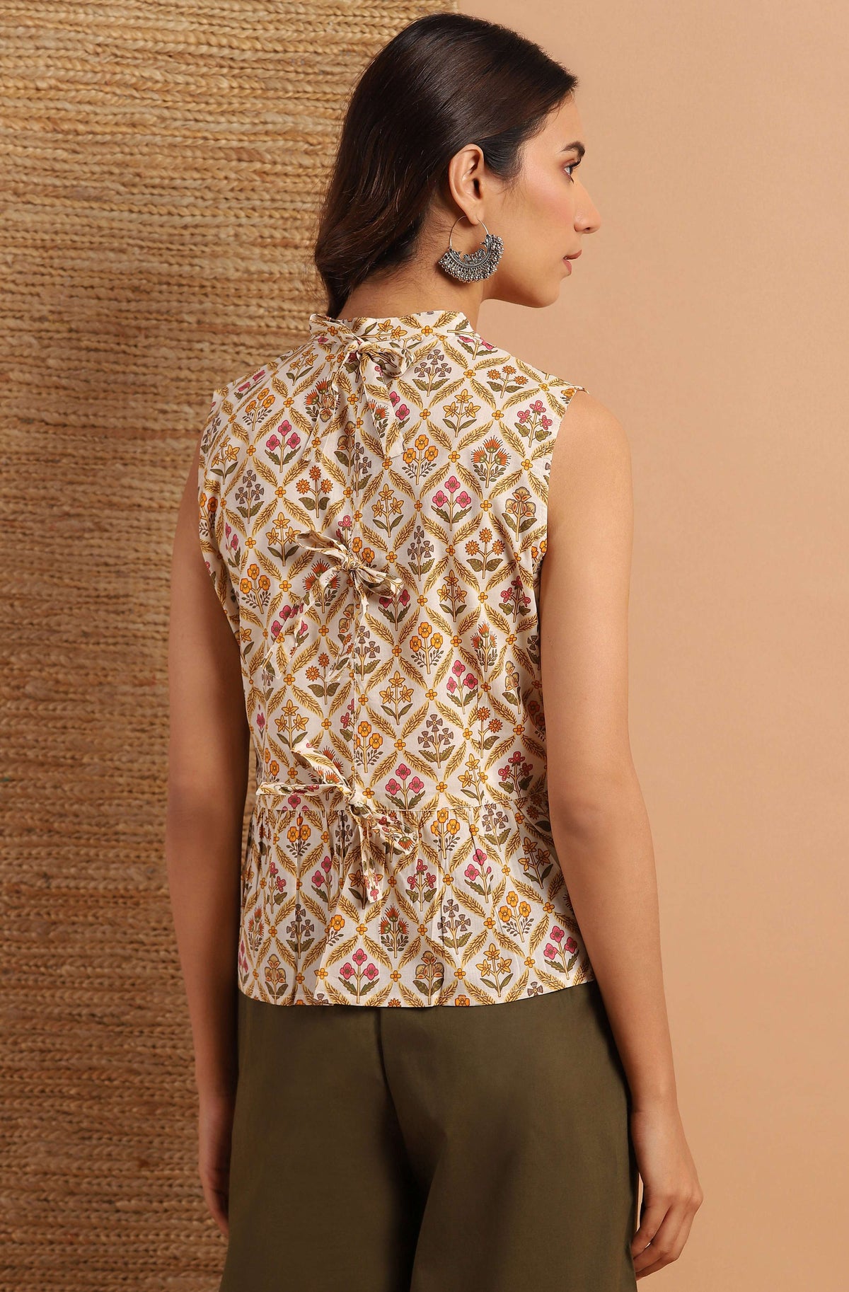 Janasya Women's Cream Cotton Floral Print Designer Back Top | Grocsy