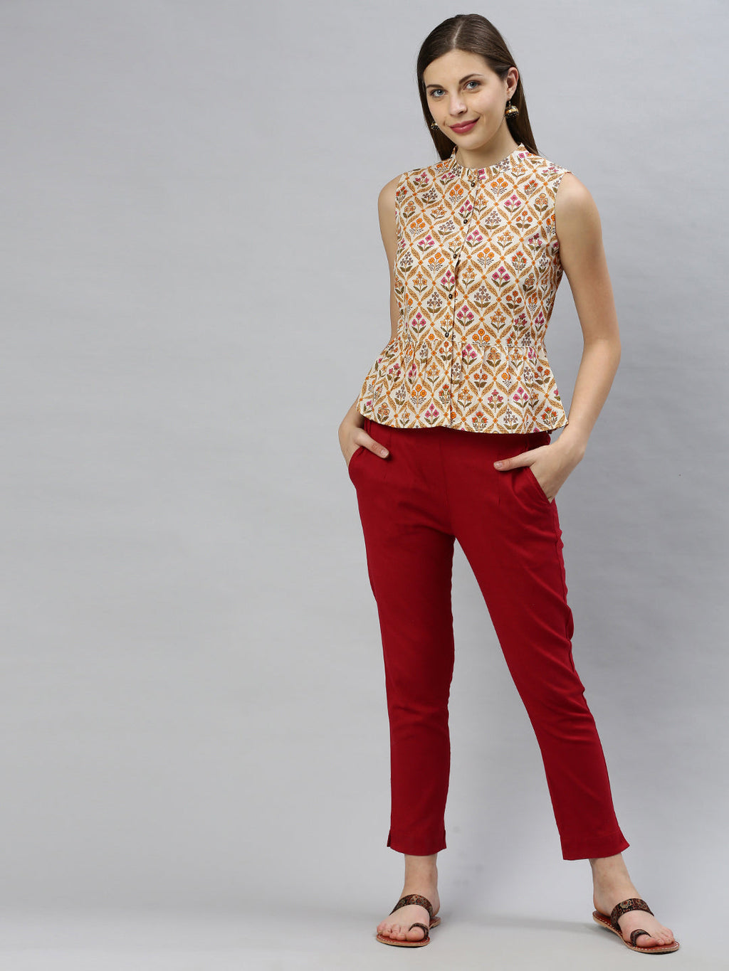 Janasya Women's Cream Cotton Floral Print Designer Back Top | Grocsy