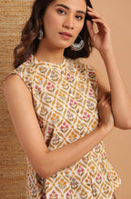 Janasya Women's Cream Cotton Floral Print Designer Back Top | Grocsy