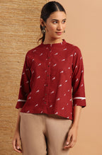 Janasya Women's Maroon Cotton Slub Animal Print Shirt Style Top | Grocsy
