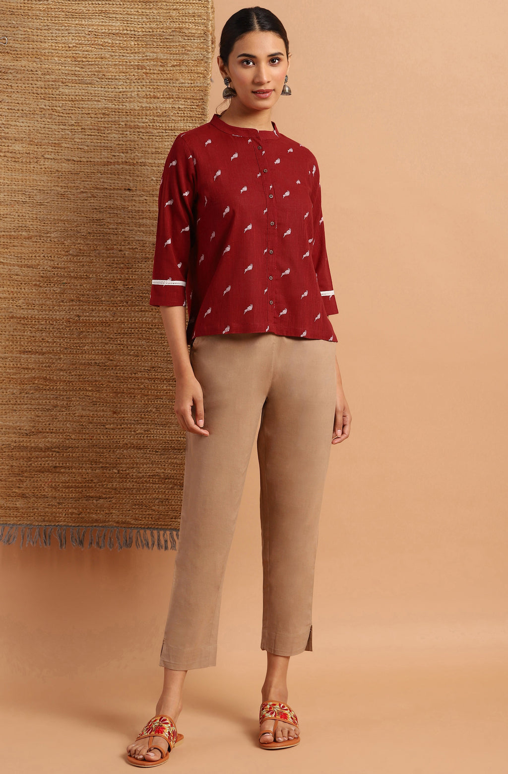 Janasya Women's Maroon Cotton Slub Animal Print Shirt Style Top | Grocsy