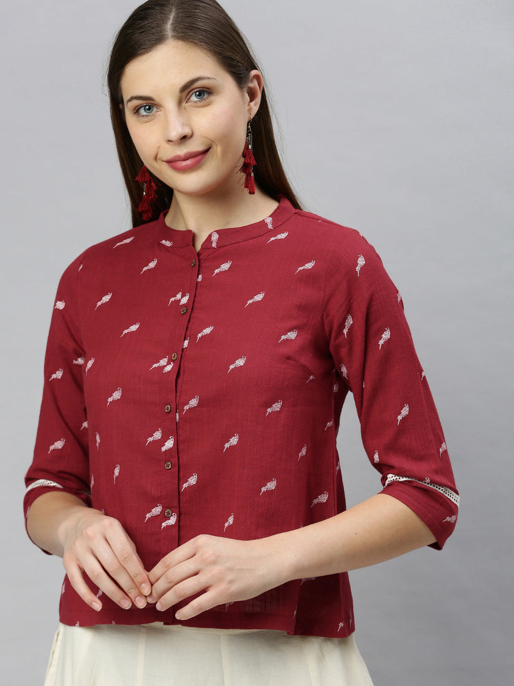 Janasya Women's Maroon Cotton Slub Animal Print Shirt Style Top | Grocsy