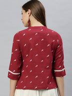 Janasya Women's Maroon Cotton Slub Animal Print Shirt Style Top | Grocsy