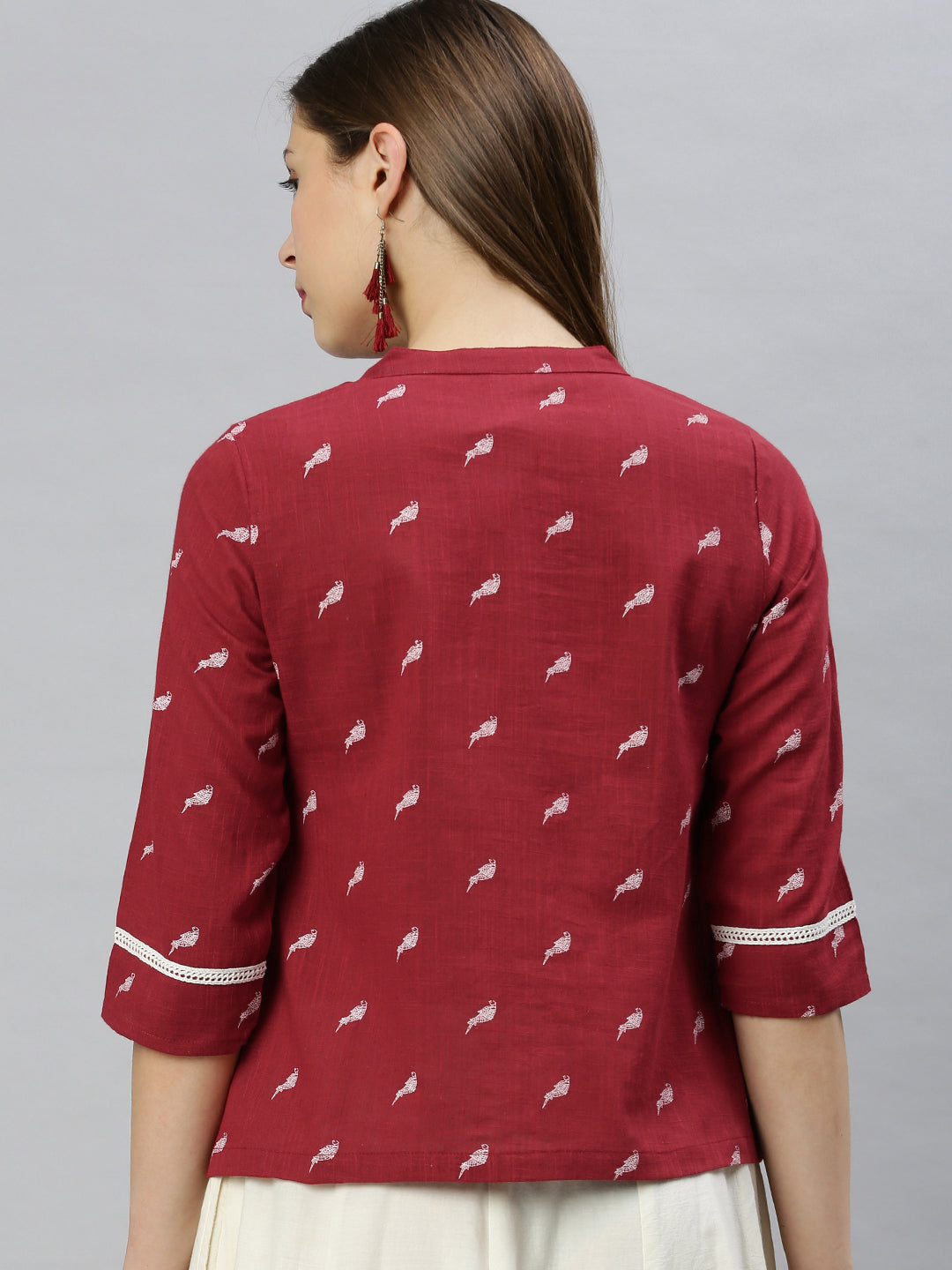 Janasya Women's Maroon Cotton Slub Animal Print Shirt Style Top | Grocsy