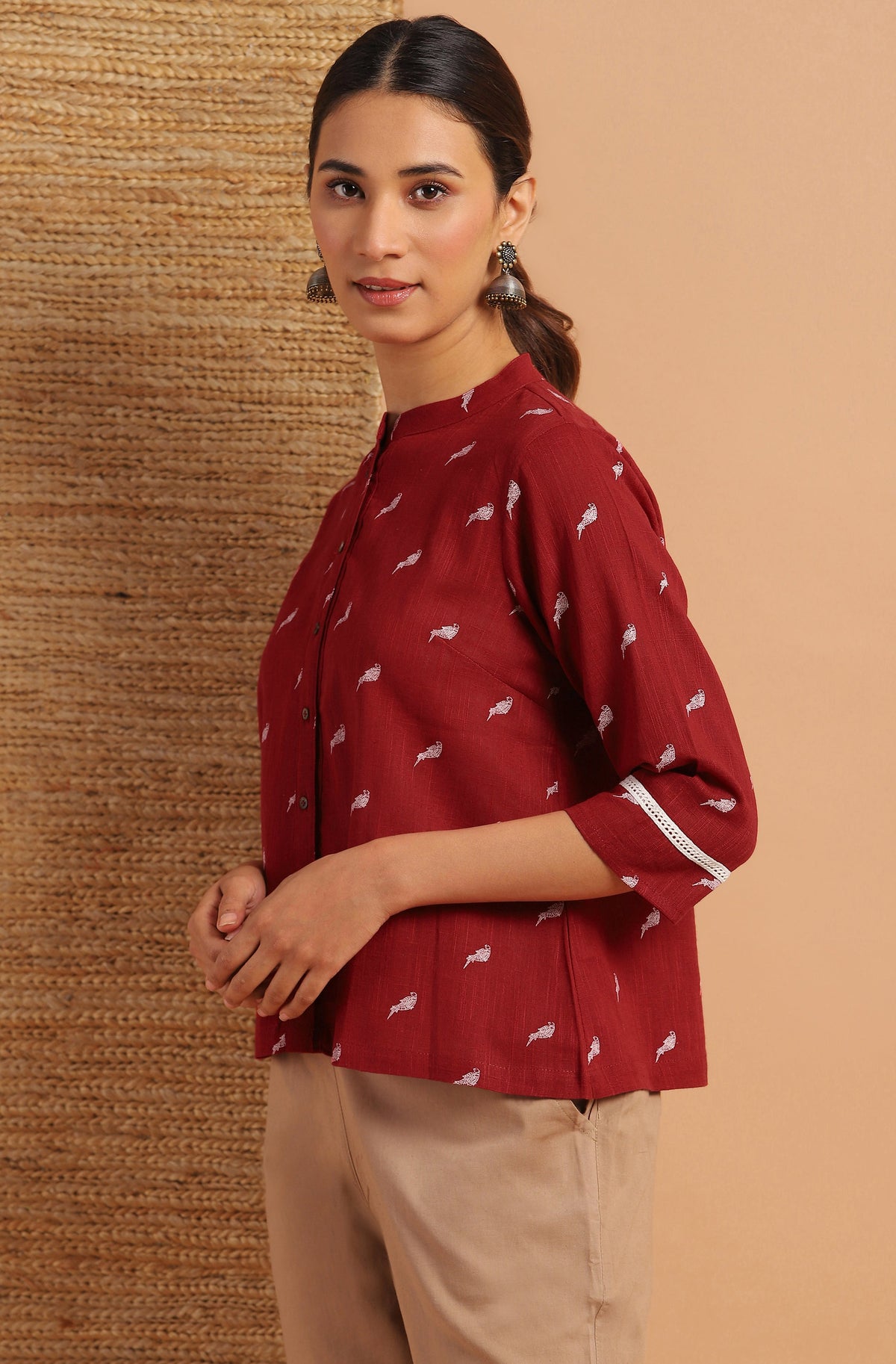 Janasya Women's Maroon Cotton Slub Animal Print Shirt Style Top | Grocsy