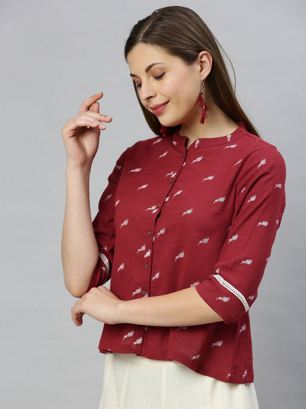 Janasya Women's Maroon Cotton Slub Animal Print Shirt Style Top | Grocsy