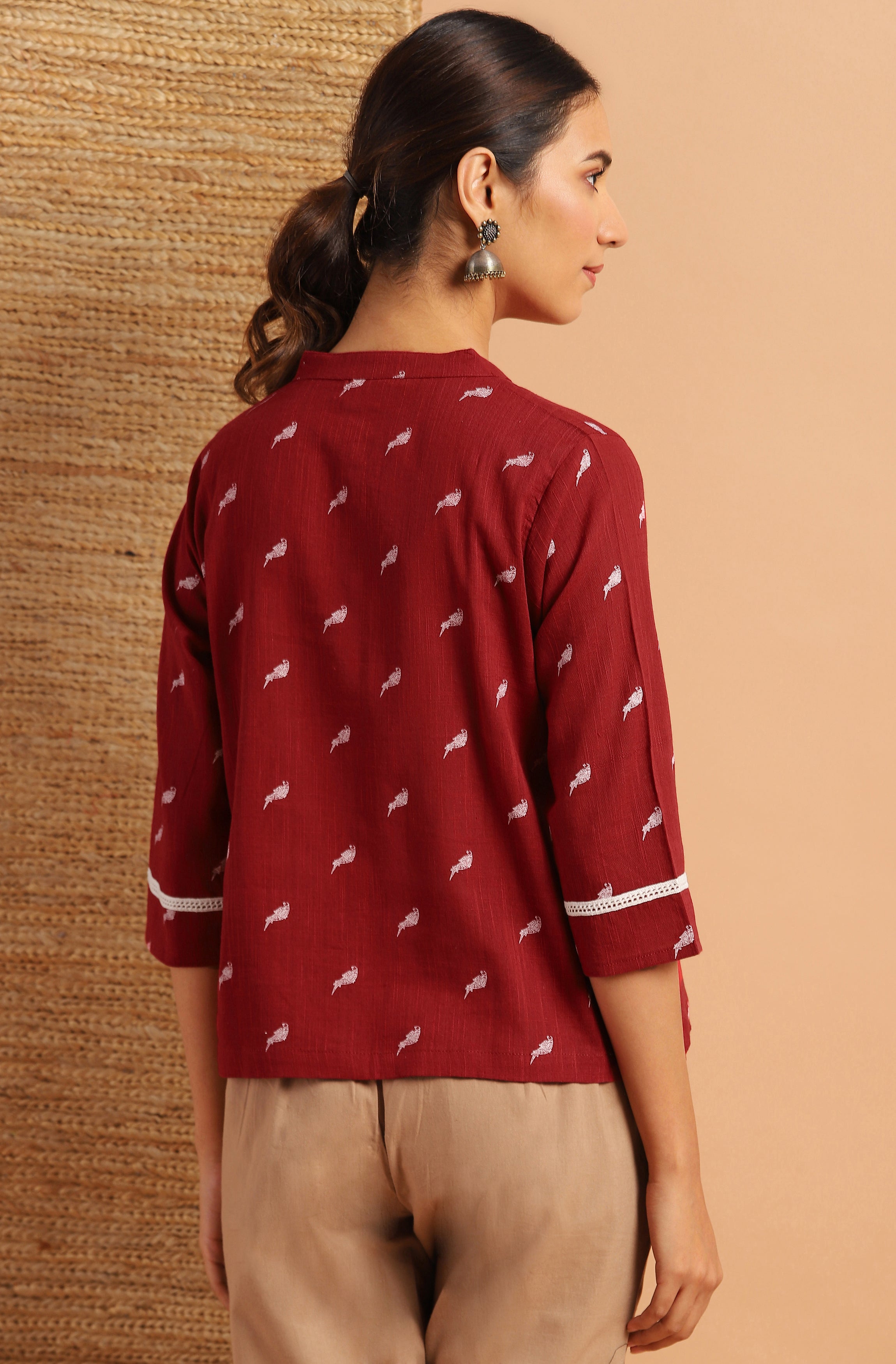 Janasya Women's Maroon Cotton Slub Animal Print Shirt Style Top | Grocsy
