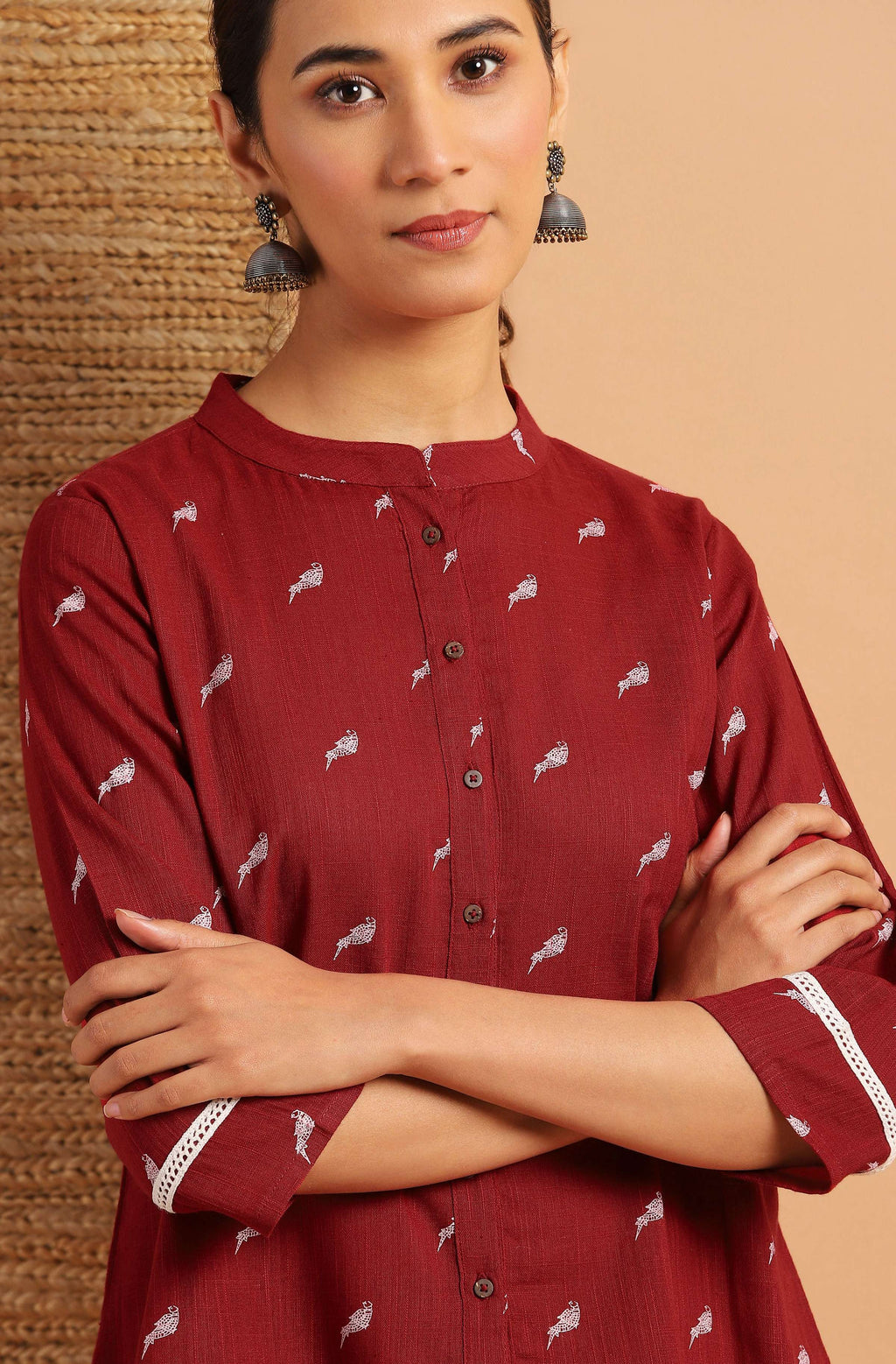 Janasya Women's Maroon Cotton Slub Animal Print Shirt Style Top | Grocsy