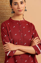 Janasya Women's Maroon Cotton Slub Animal Print Shirt Style Top | Grocsy