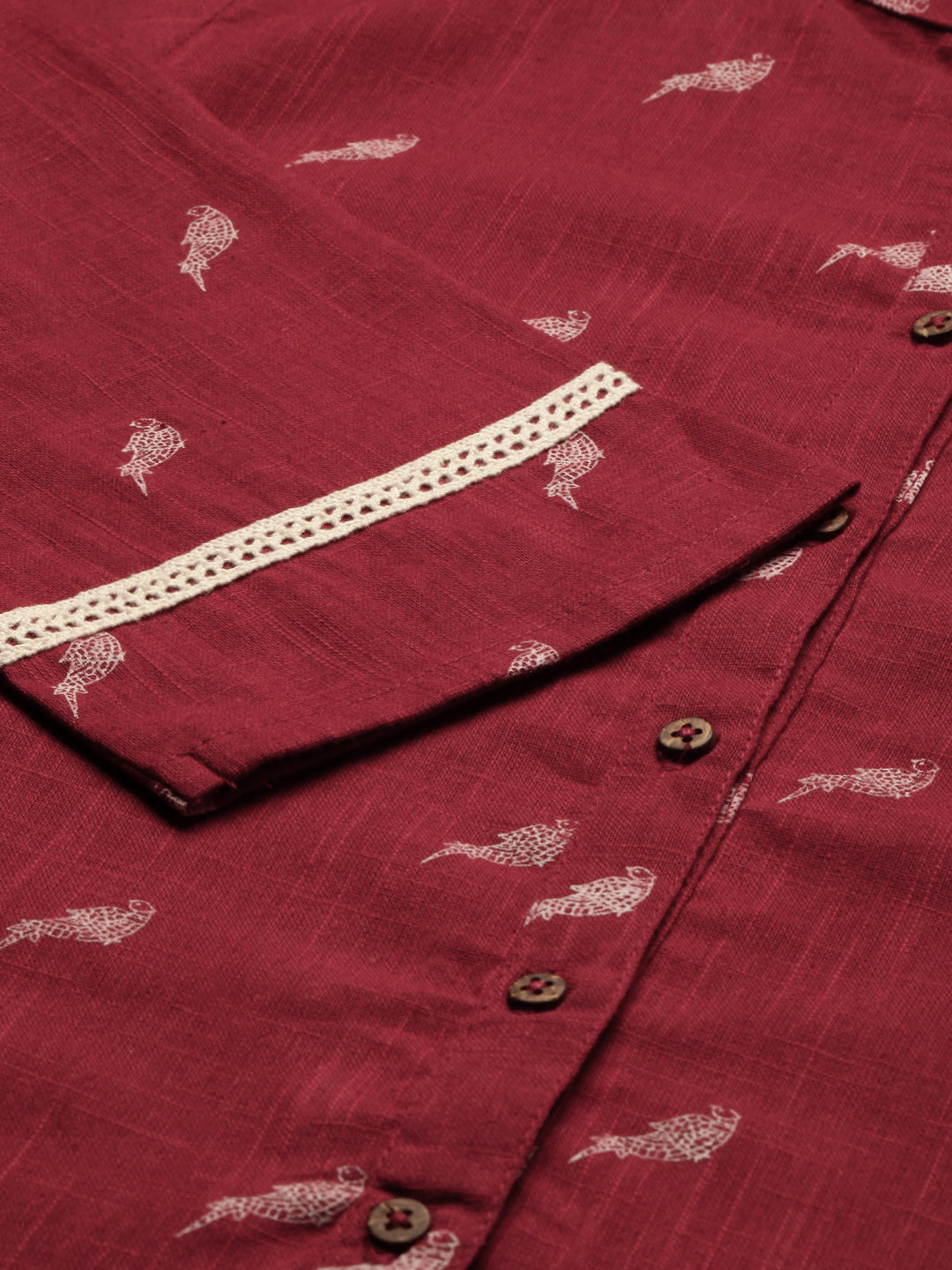Janasya Women's Maroon Cotton Slub Animal Print Shirt Style Top | Grocsy