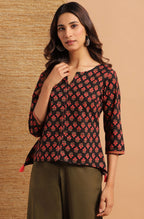 Janasya Women's Black Cotton Floral Print Regular Top | Grocsy