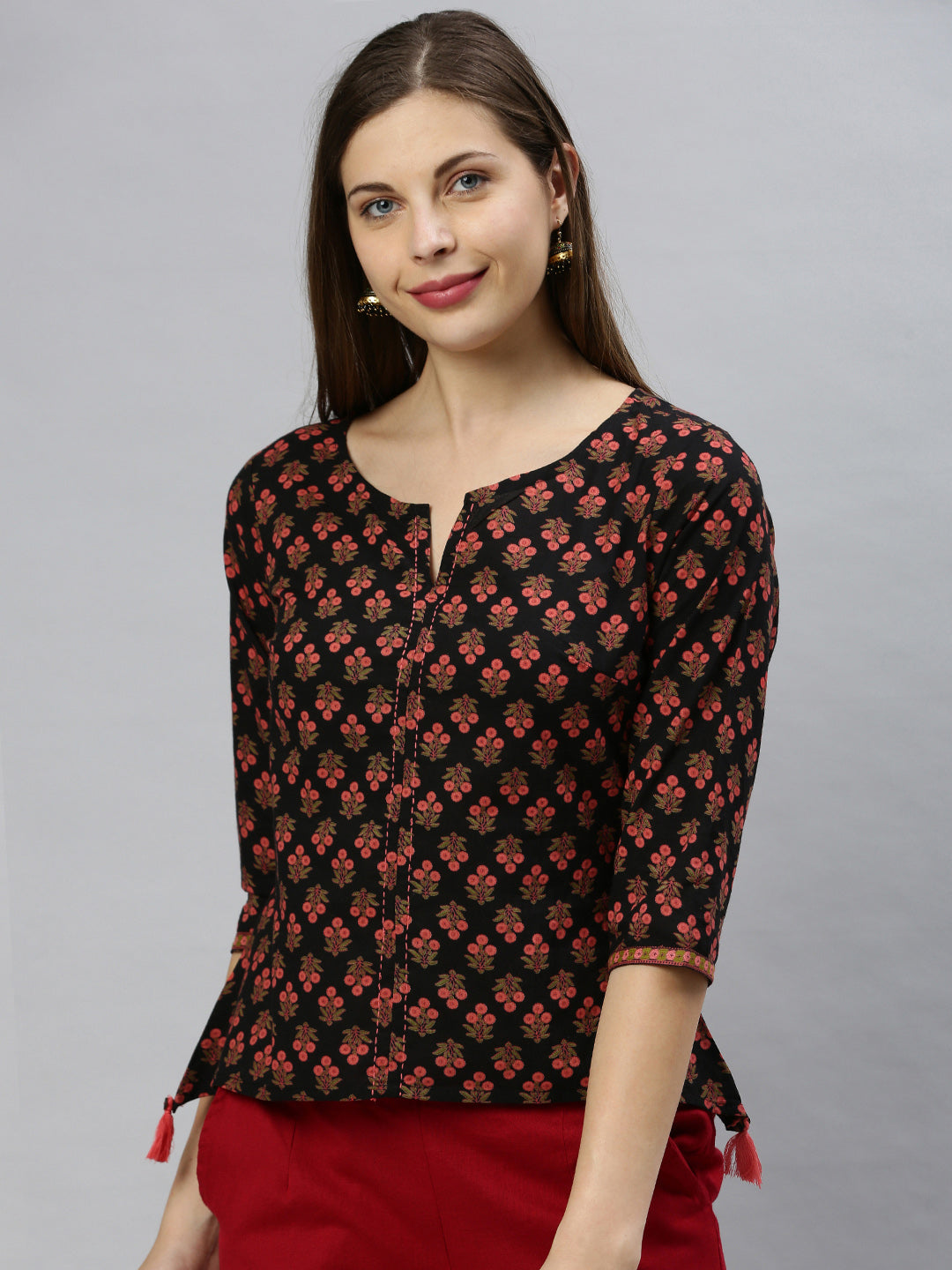 Janasya Women's Black Cotton Floral Print Regular Top | Grocsy