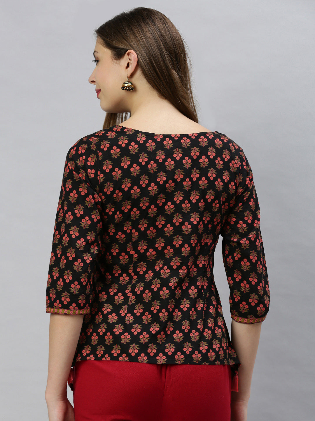 Janasya Women's Black Cotton Floral Print Regular Top | Grocsy