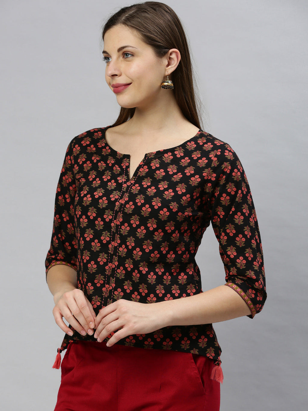 Janasya Women's Black Cotton Floral Print Regular Top | Grocsy