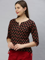 Janasya Women's Black Cotton Floral Print Regular Top | Grocsy