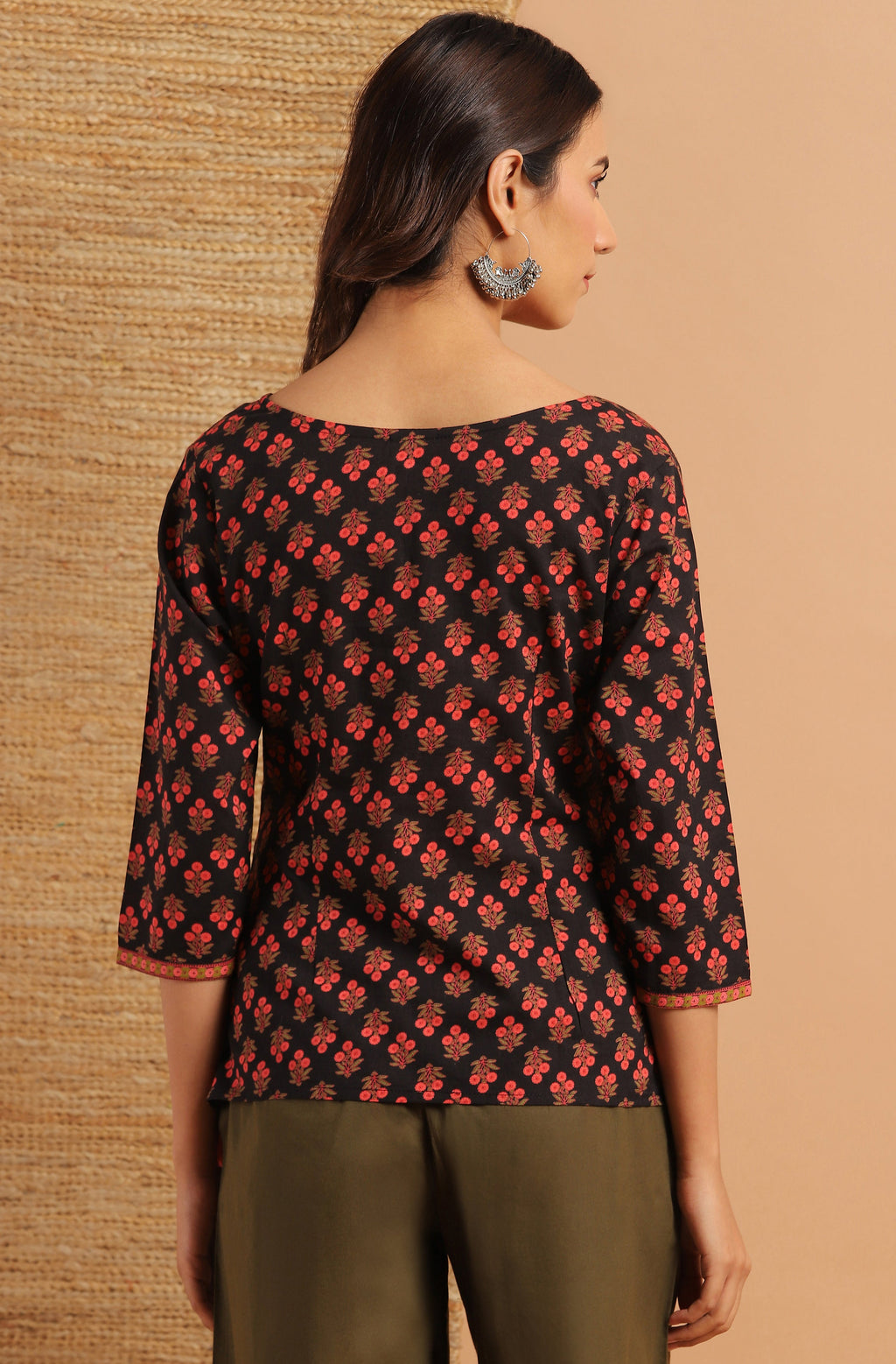 Janasya Women's Black Cotton Floral Print Regular Top | Grocsy