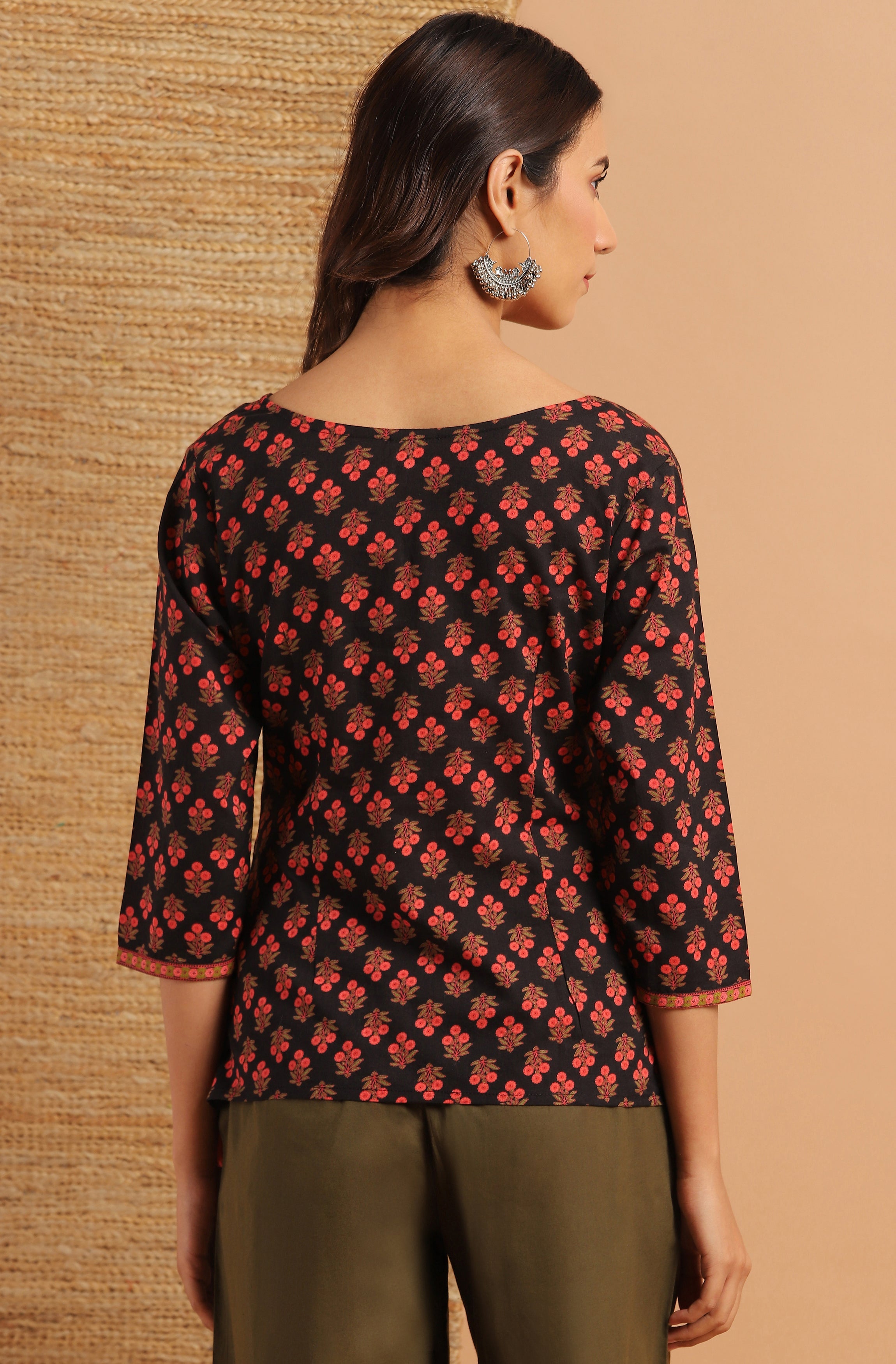 Janasya Women's Black Cotton Floral Print Regular Top | Grocsy